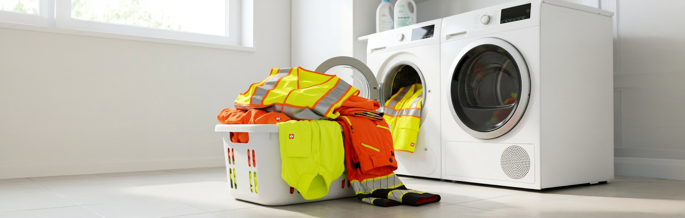 A washing basket with high-vis clothing in it, placed in front of a washing maschine