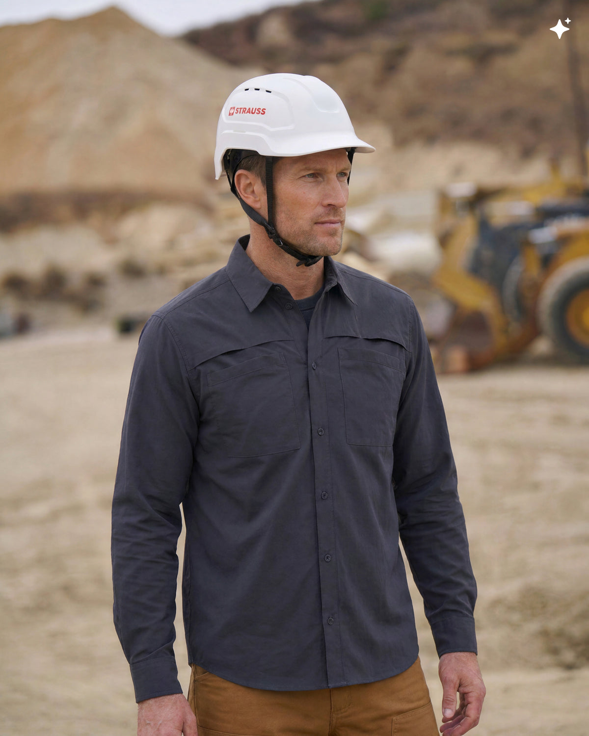 A bright white STRAUSS Baseball Style Hard Hat with a visor on a model as seen from the side.