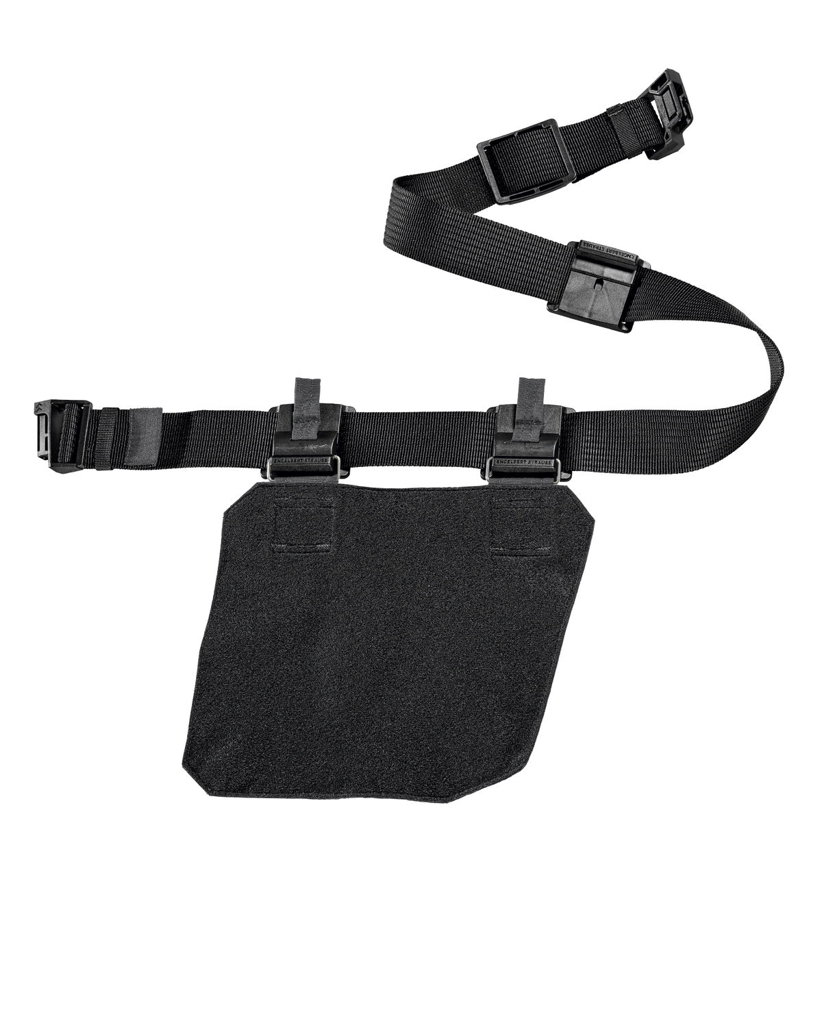 The STRAUSS Bag basic module e.s.tool concept, left, is a black utility belt accessory featuring adjustable straps, quick-release buckles, and a detachable pouch secured with three clips. Inspired by the e.s.tool concept, this tool bag accessory includes a flat, rectangular pouch for easy access and organized storage.