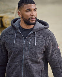 STRAUSS e.s.e:pic hooded sherpa fleece jacket in carbon gray in use on the job
