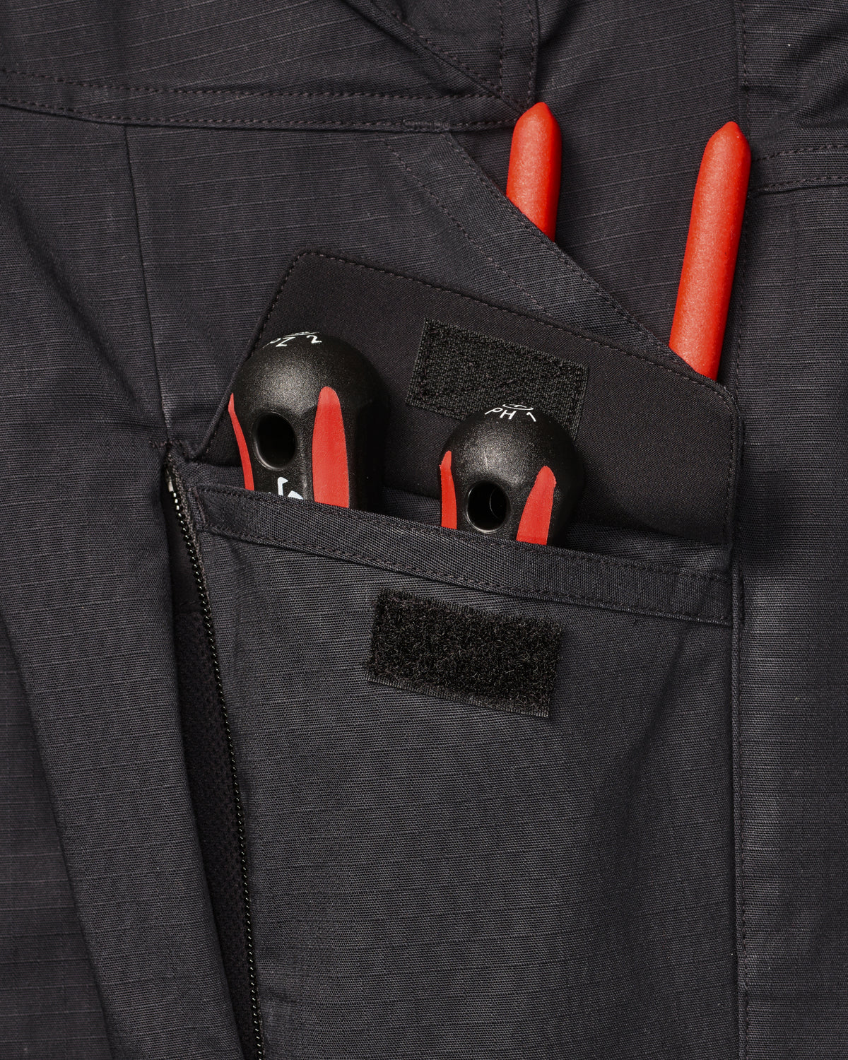 Close-up of reinforced fabric and seams on Women's Double Front Ripstop Cargo Work Pants e.s.e:pic in black