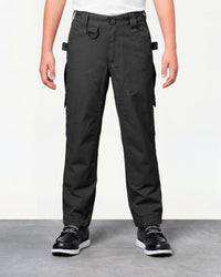 Kids' Double Front Ripstop Cargo Pants e.s.e:pic in black worn by a model, front view