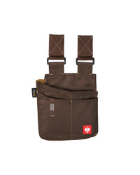 Medium chestnut STRAUSS e.s.motion 2020 tool bag with two belt straps and divided front pockets.
