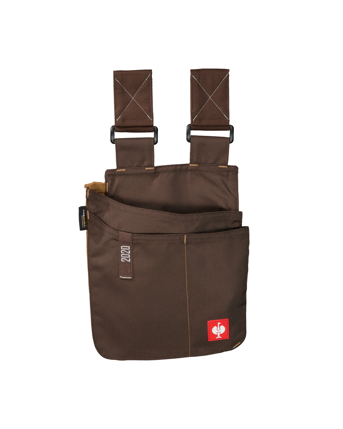 Large chestnut STRAUSS e.s.motion 2020 tool bag with two belt straps and divided front pockets.