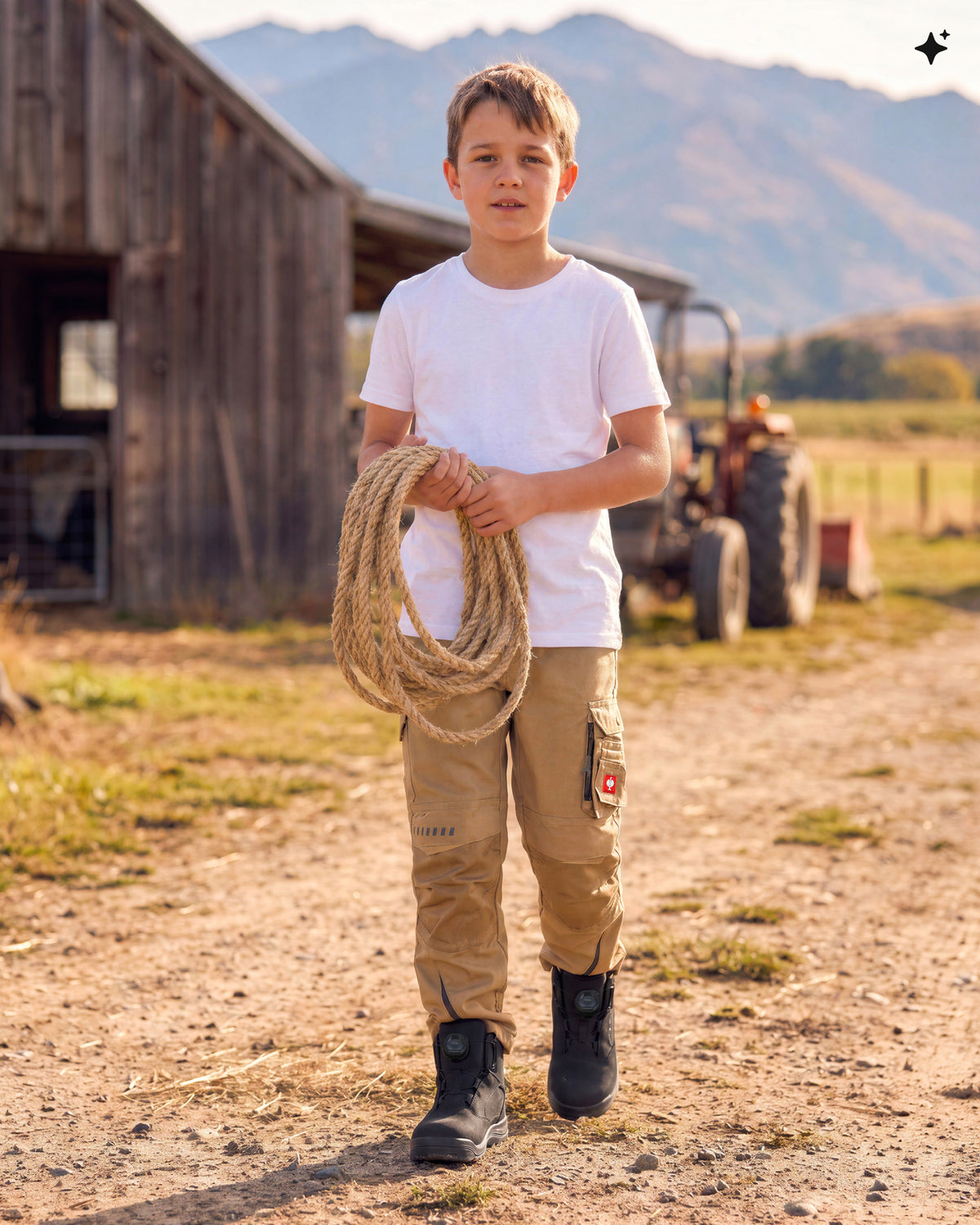 A young boy stands on a dirt path at a farm holding a bundle of rope. He is wearing a white t-shirt, tan cargo pants, and black boots, with a wooden barn, tractor, and mountains in the background.