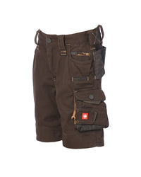 A pair of dark brown work shorts with multiple utility pockets, including a side cargo pocket with a red logo patch, shown against a plain white background.