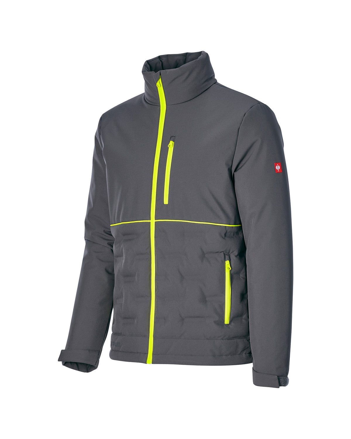 A dark gray softshell jacket with bright neon yellow-green zipper accents, a high collar, and a small red logo patch on the left sleeve, shown on a plain white background.