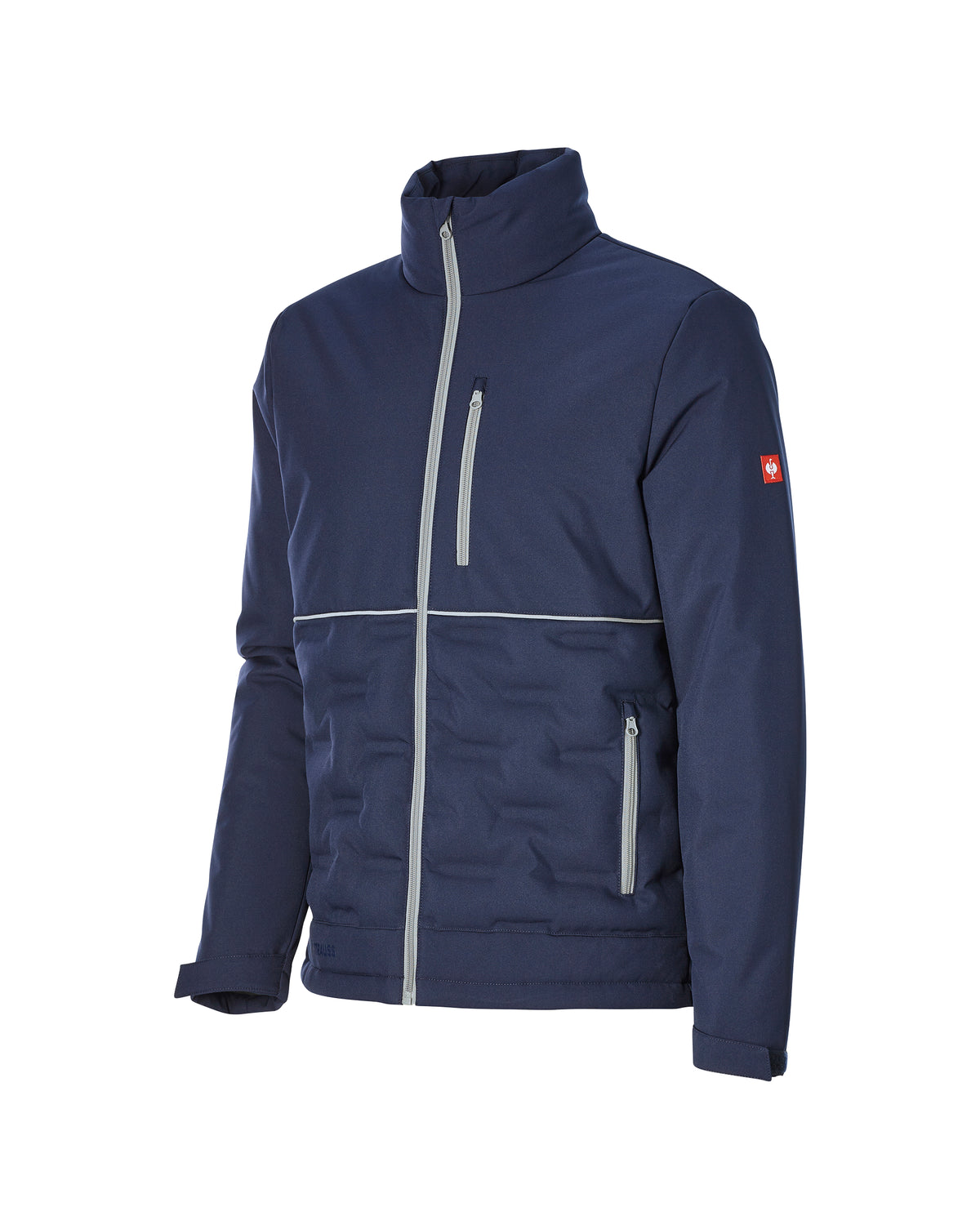 A navy blue lightweight jacket with light gray zippers and a horizontal seam, featuring a stand-up collar and a small red Swiss flag logo on the left sleeve, shown on a plain white background.