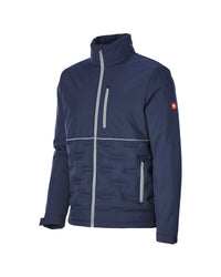 A navy blue lightweight jacket with light gray zippers and a horizontal seam, featuring a stand-up collar and a small red Swiss flag logo on the left sleeve, shown on a plain white background.