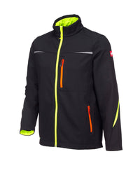 STRAUSS e.s.motion 2020 softshell jacket in black, high-vis yellow, and orange, front view