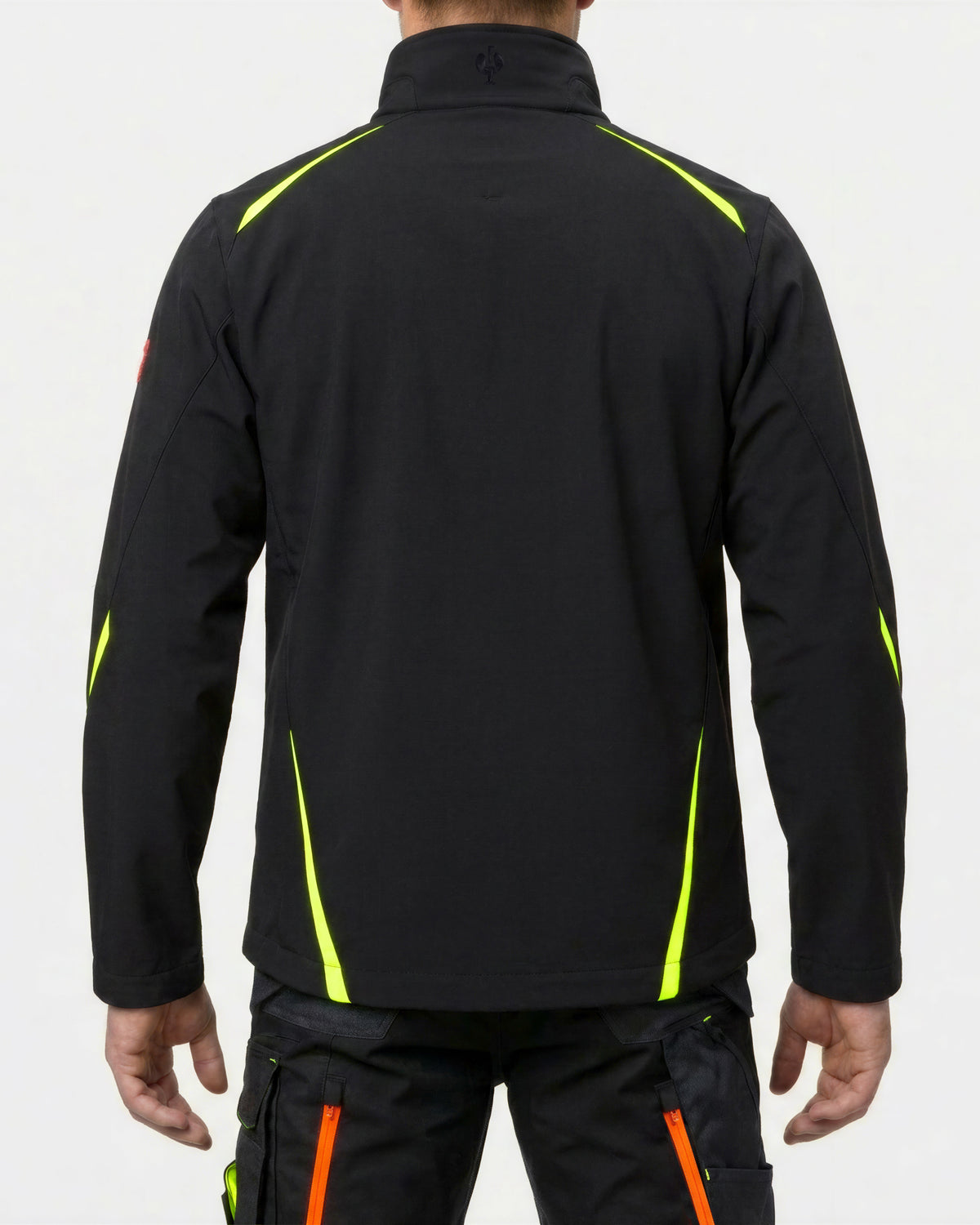 STRAUSS e.s.motion 2020 softshell jacket in black, high-vis yellow, and orange worn, back view