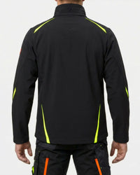 STRAUSS e.s.motion 2020 softshell jacket in black, high-vis yellow, and orange worn, back view