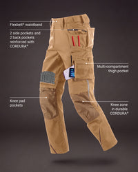 Tan technical cargo pants with multiple pockets, knee pads, and reinforced areas, shown on a dark gray background with callout labels pointing to features like the flexbelt waistband, multi-compartment thigh pocket, knee pad pockets, and knee zone in durable CORDURA fabric.