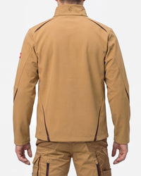 A man shown from the back wearing a tan zip-front jacket with dark contrast stitching and matching tan cargo pants against a light gray studio background.