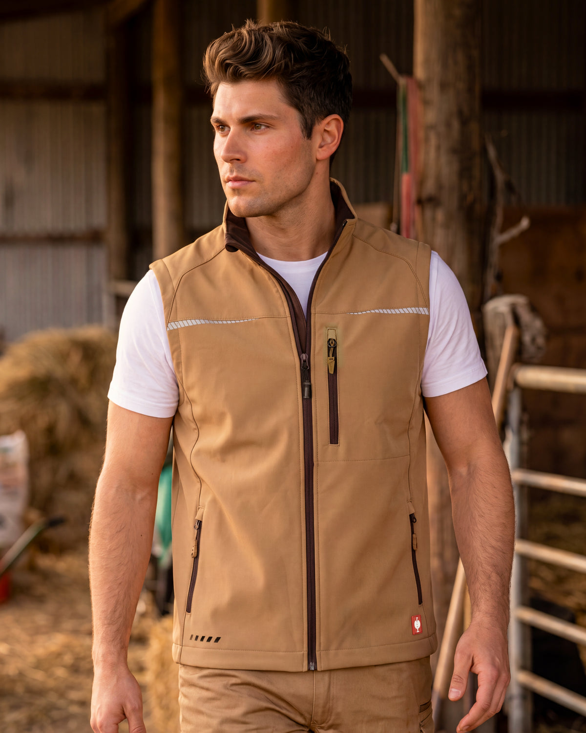 A man wearing a tan zip-front vest over a white t-shirt, standing in a barn setting.
