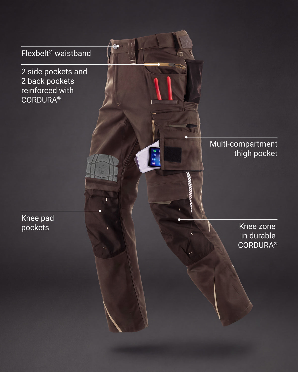 Dark brown technical work pants with multiple pockets, knee pads, and a flexible waistband, shown on a dark gray background with white text callouts pointing to features.