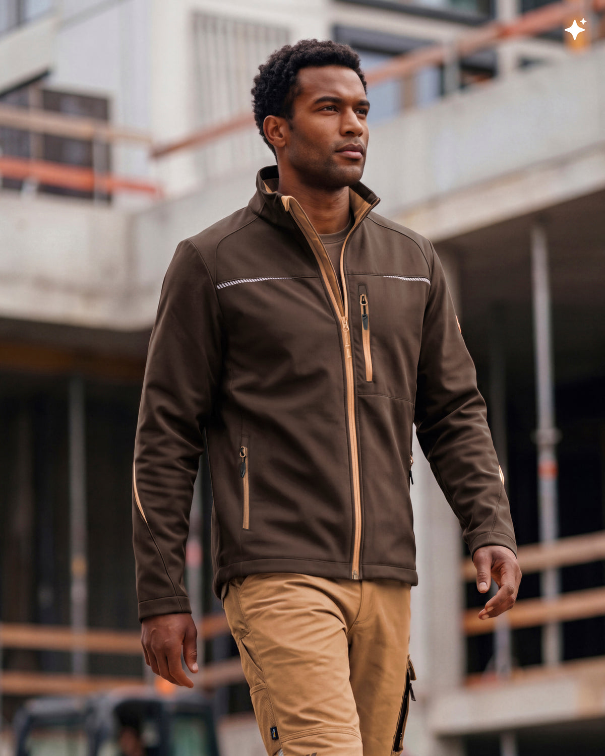 A man wearing a brown zip-up jacket with tan accents and khaki pants, walking in front of a blurred construction site background.
