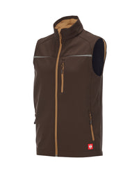 A brown sleeveless zip-front vest with a high collar, shown on a white background. The vest features a tan interior lining, a tan zipper, and a small red logo patch near the bottom right hem.