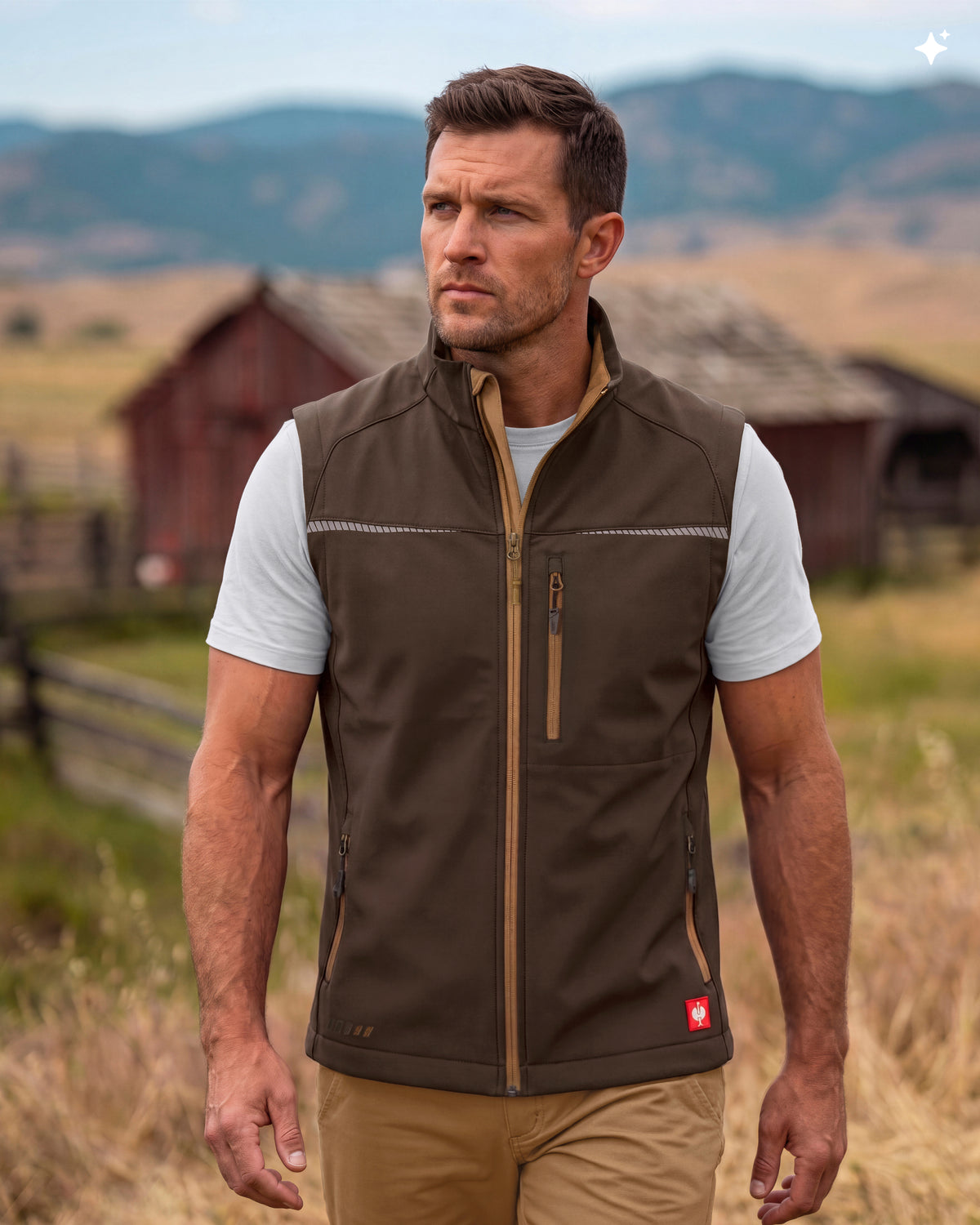 A man wearing a brown insulated zip-front vest over a beige t-shirt and khaki pants, standing outdoors in a rural setting with a red barn and mountains in the background.