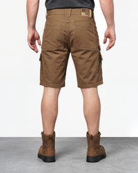Alternate model view of Engelbert Strauss e.s. vintage cargo shorts in sepia, showing the side and back fit with visible utility pocket placement and workwear construction.