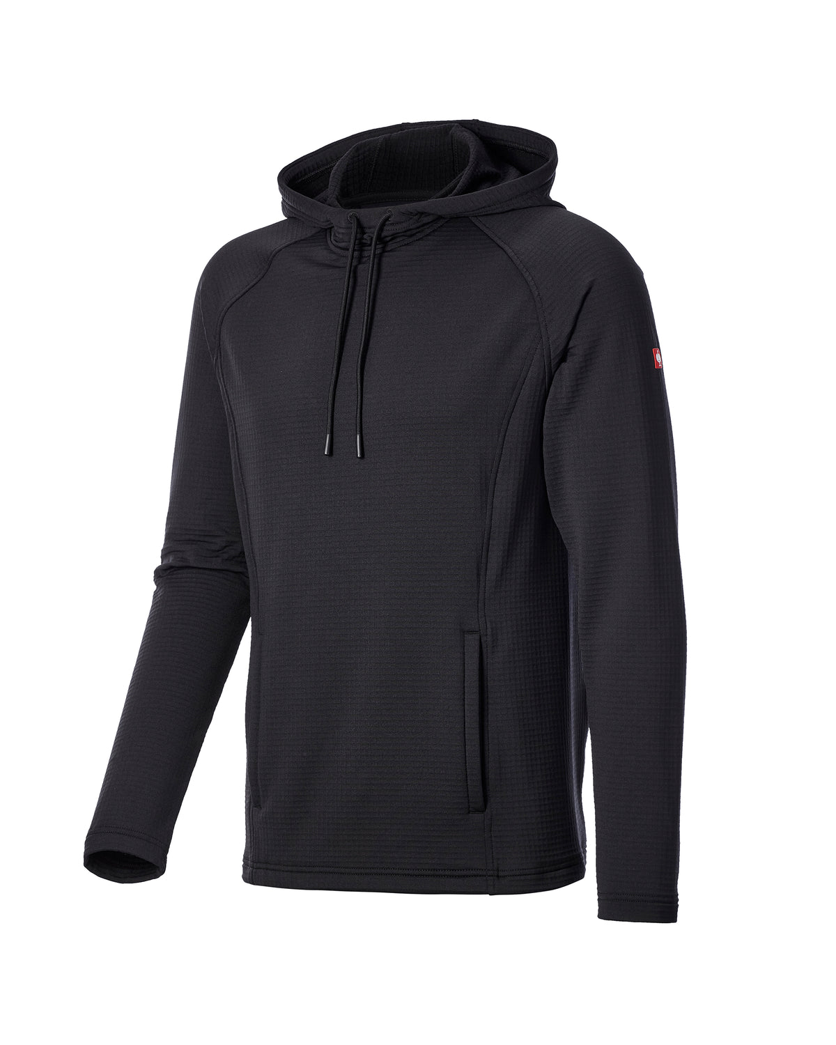 A black long-sleeve hooded athletic pullover with a textured knit fabric, drawstring hood, and a small red logo on the left sleeve, shown on a plain white background.