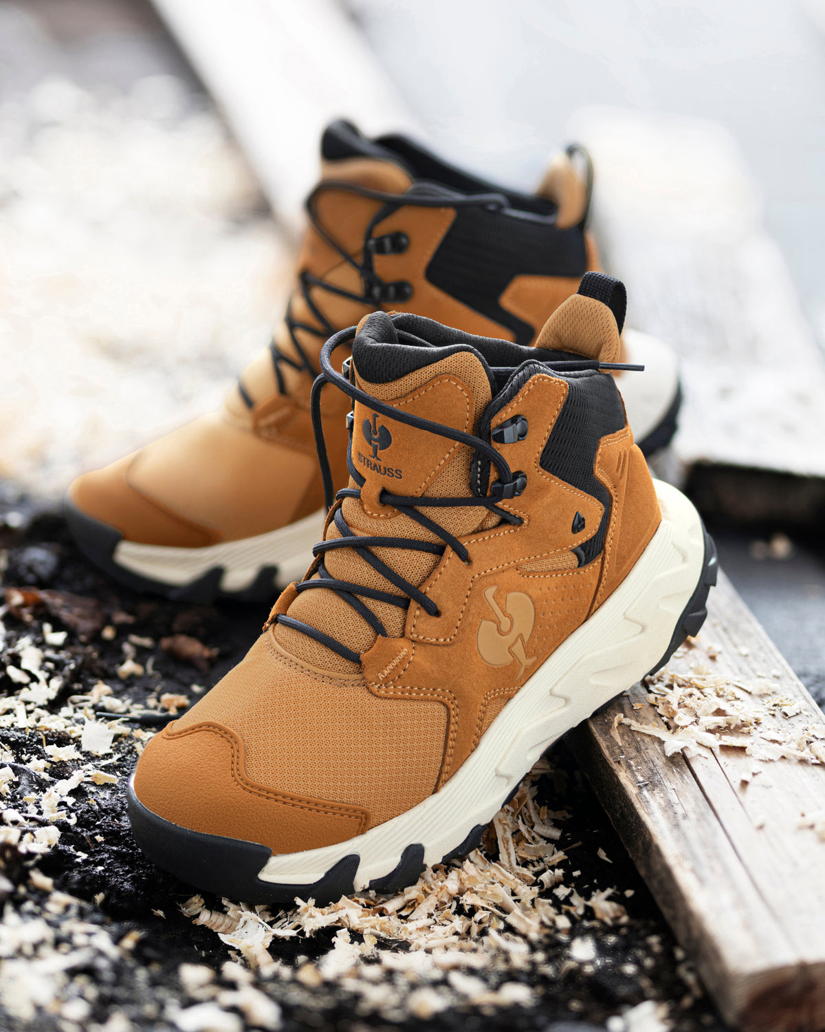 STRAUSS Rimini 6-inch Soft Toe Boot in Almond brown and Cream with workwear in a jobsite scene
