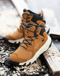 STRAUSS Rimini 6-inch Soft Toe Boot in Almond brown and Cream with workwear in a jobsite scene