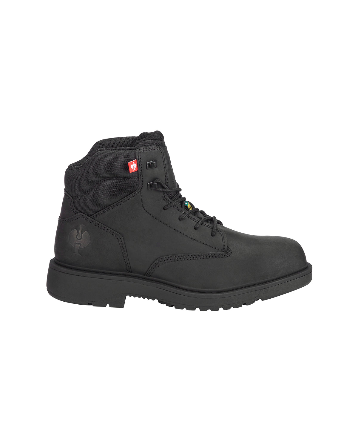Black shiny ankle boot with a buckle on a light gray background