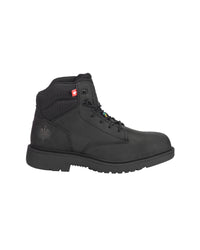 Black shiny ankle boot with a buckle on a light gray background