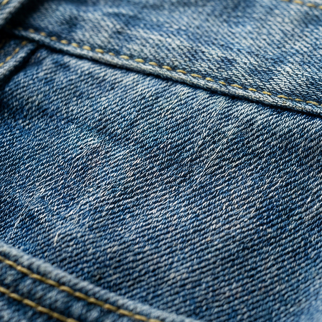Close-up of blue denim fabric with stitching details