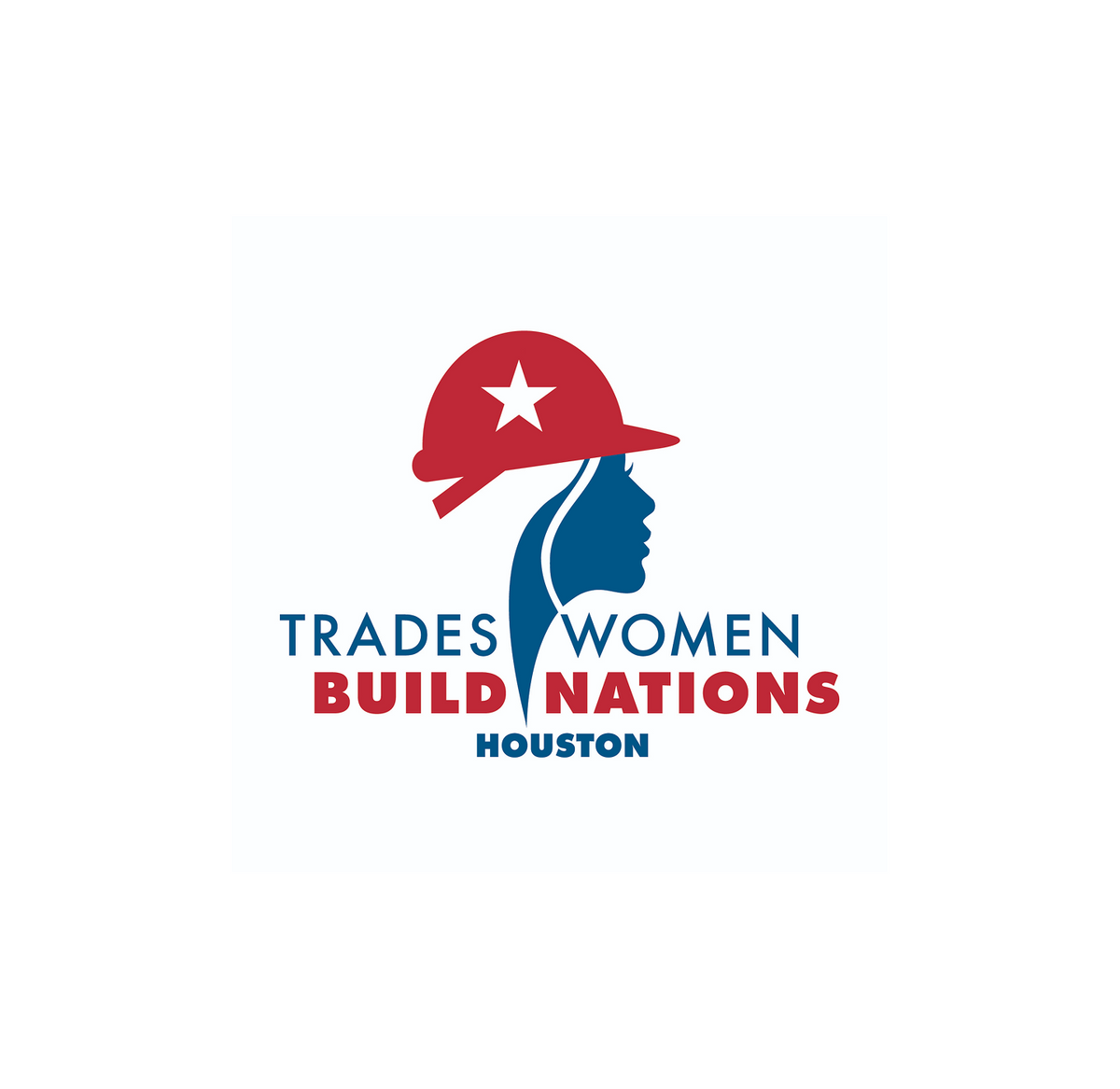 A logo-style graphic on a white background featuring a red hard hat with a white star above a blue side-profile silhouette of a woman's head. Below the graphic, the text reads 'TRADES WOMEN BUILD NATIONS HOUSTON' in blue and red.