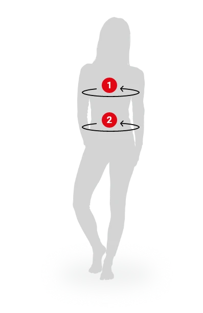 A gray silhouette of a woman on a white background with two red numbered circles and black arrows indicating two circular motions on the torso.
