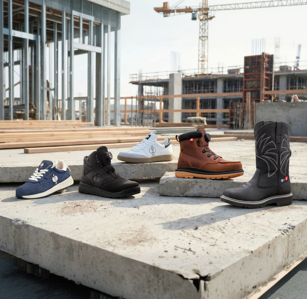 Five different work boots and shoes are displayed on concrete slabs at a construction site, with unfinished buildings and cranes visible in the background.