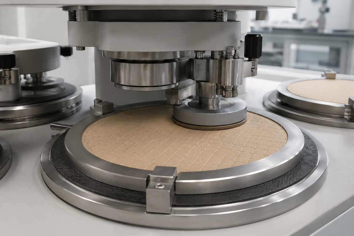 Close-up of a precision industrial machine with metallic silver components and a circular beige ripstop sample platform, shown in a clean laboratory setting.