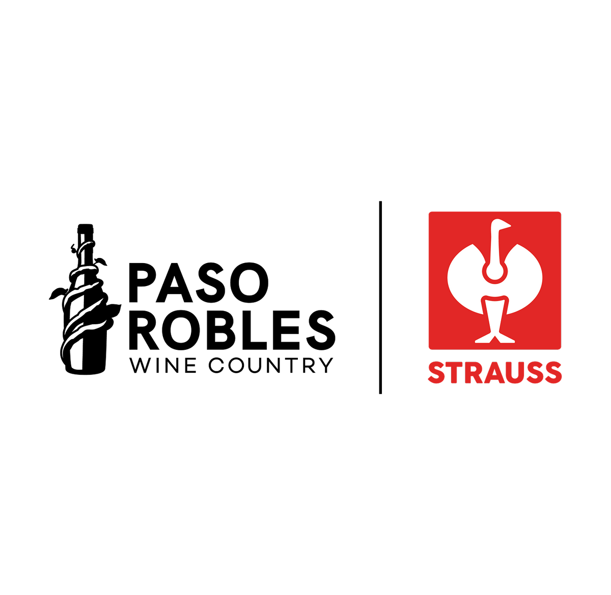 Logo for Paso Robles Wine Country with a vine-wrapped bottle, next to a red square featuring a stylized white ostrich and the word STRAUSS below it.