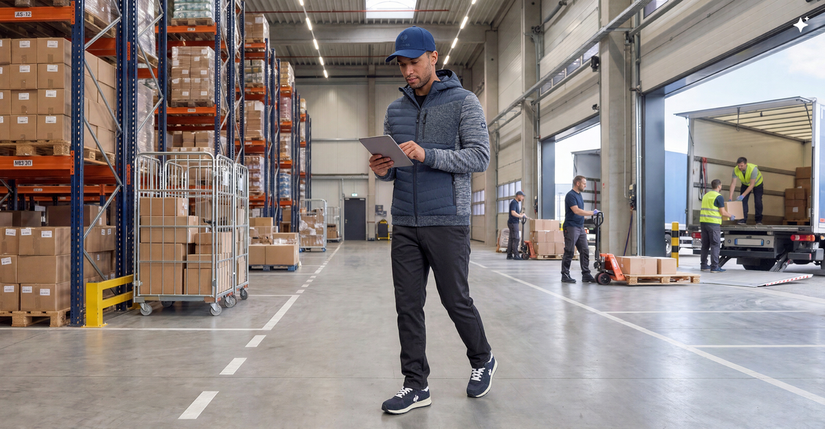 A man wearing blue workwear standing in the middle of a warehouse holding a tablet in his hands.