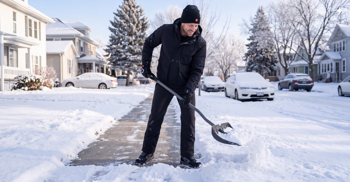 A man wearing winter clothes shovels snow from a sidewalk on a sunny day in a suburban neighborhood with snow-covered houses and cars.