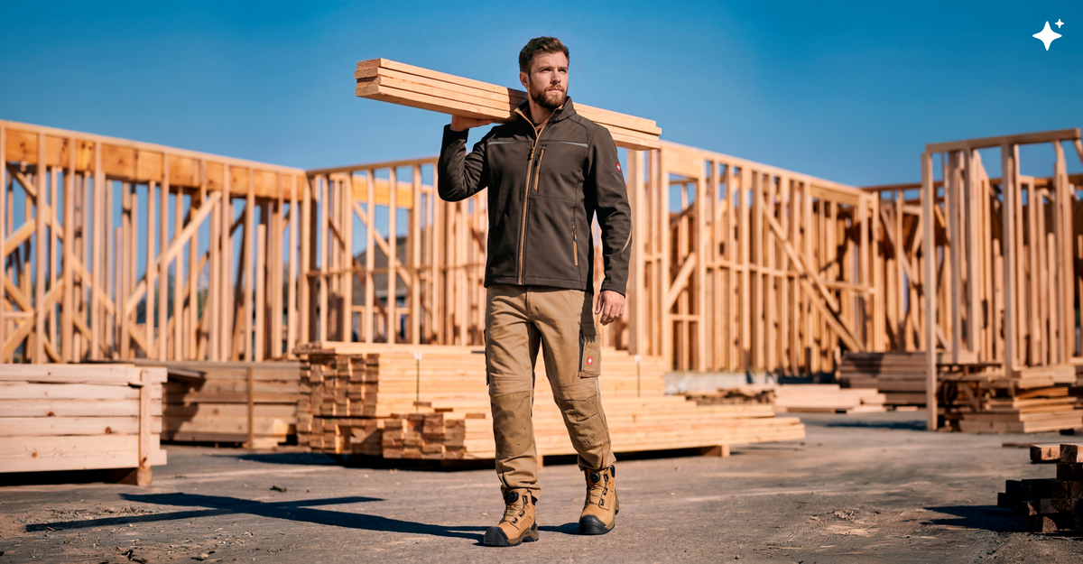 A man carrying wooden boards over his shoulder, walking in front of a big wooden construction. He is wearing beige and brown STRAUSS motion 2020 workwear.