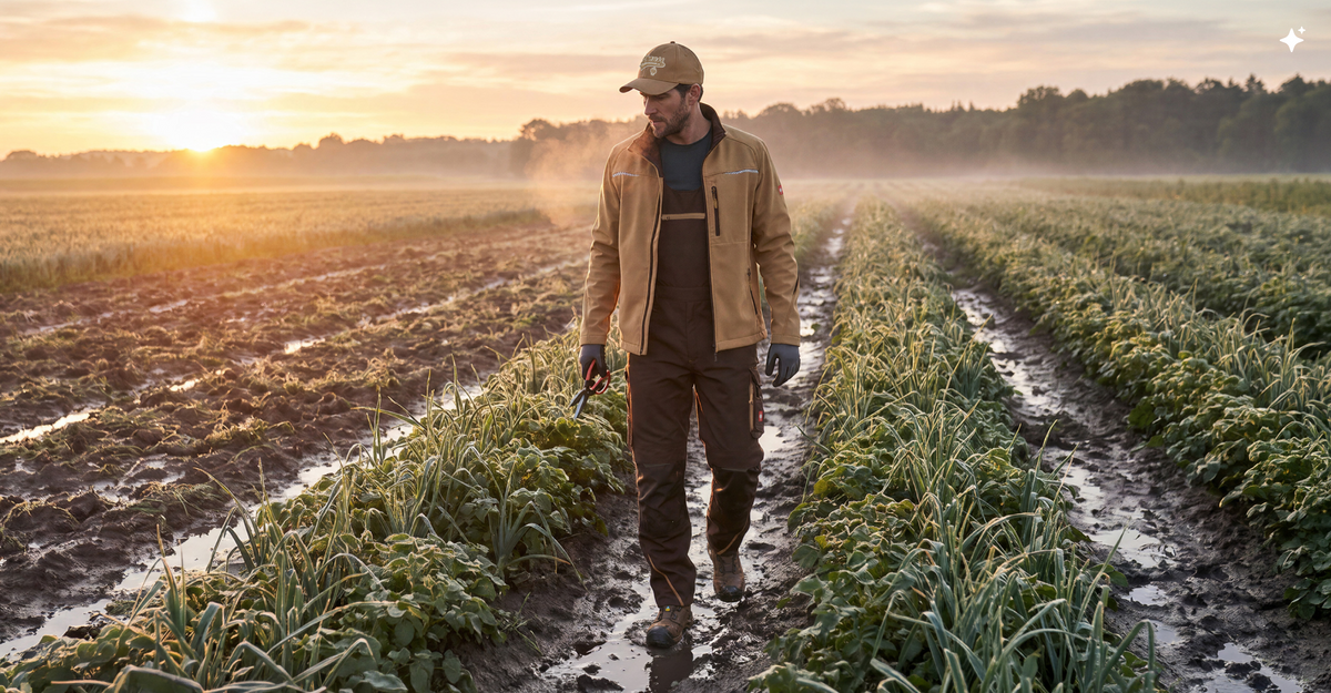 A man walking on a muddy field in the early morning hours. He is holding red garden scissors in his hand and is wearing beige and brown STRAUSS workwear.
