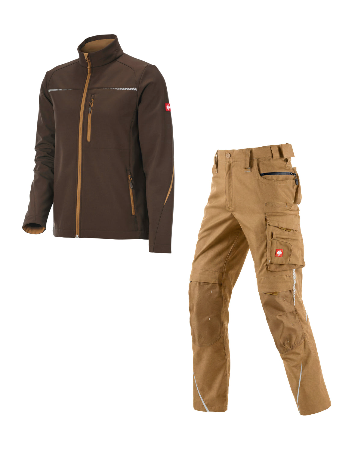 A two-piece workwear set featuring a dark brown softshell jacket and matching tan cargo pants, both with Swiss flag logo patches on the chest and a red logo patch on the cargo pocket.