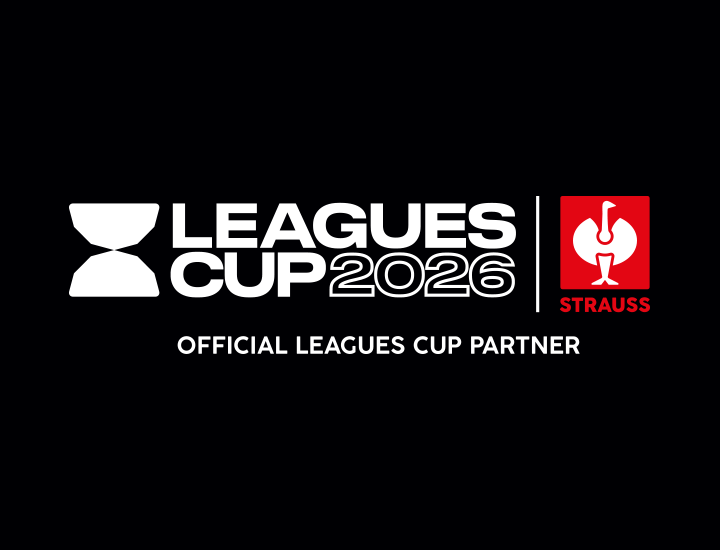 Leagues Cup 2026 logo with Strauss partner logo on a black background