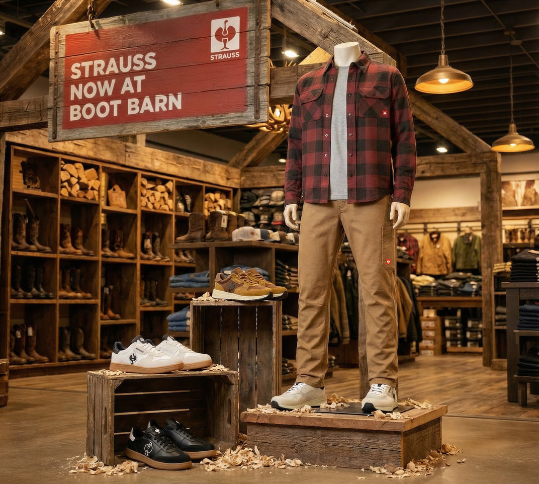 Mannequin wearing a red flannel work shirt and beige pants in a Boot Barn store with 'Strauss' branding