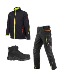 A three-piece workwear set including a black high-collar jacket with neon yellow and orange accents, black work pants with side cargo pockets, and a black industrial boot, shown on a plain white background.