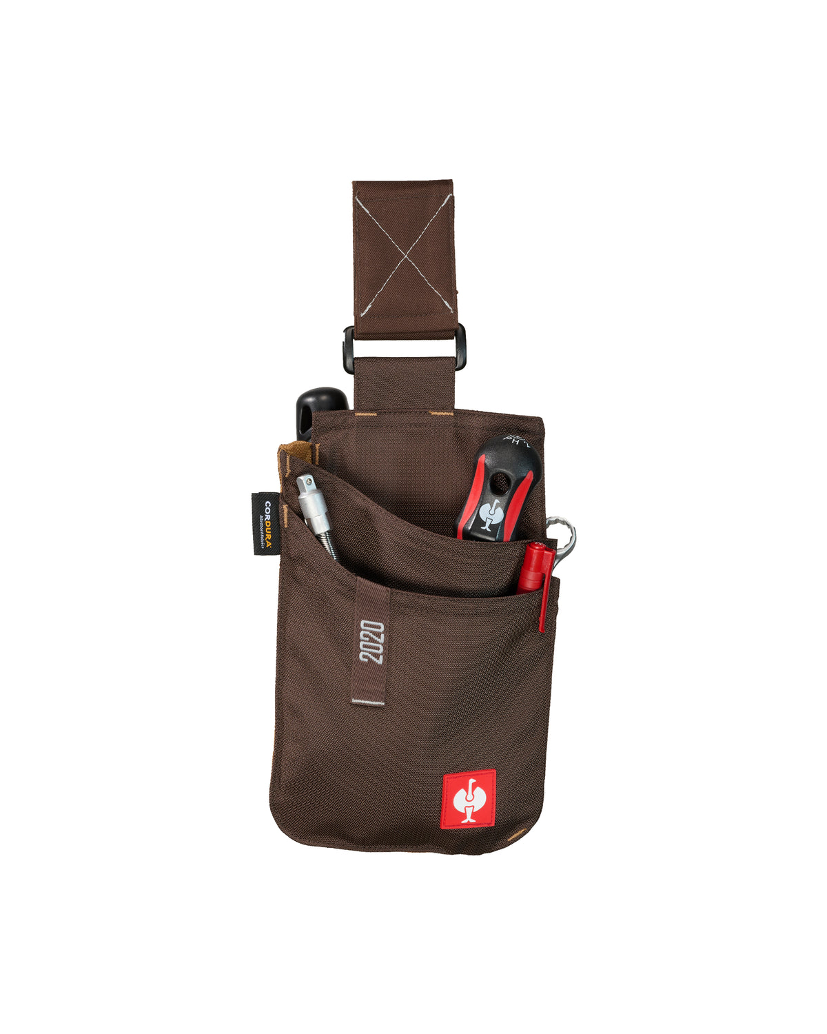 Small chestnut STRAUSS e.s.motion 2020 tool bag holding hand tools, shown against a white background.