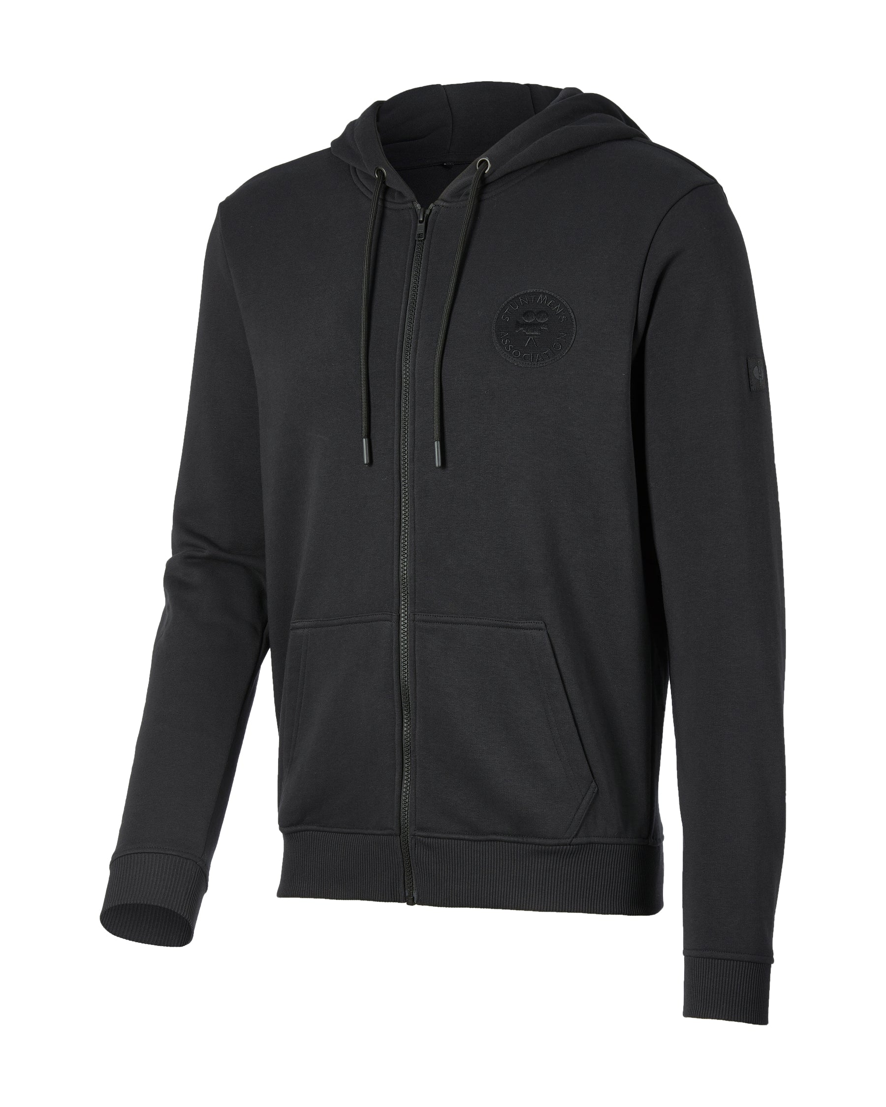 STRAUSS Stuntmen's Association hooded sweatjacket in black, front view