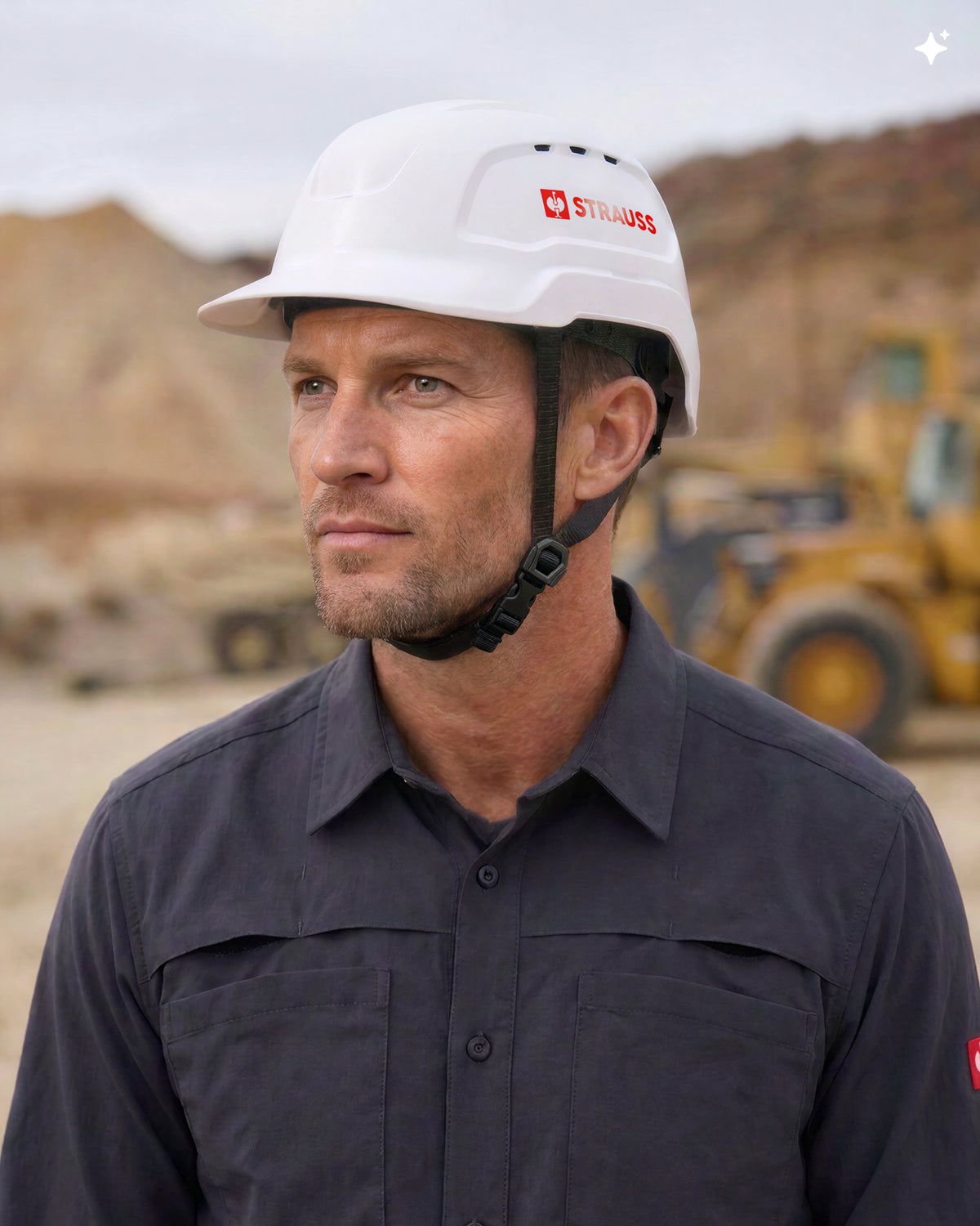 A bright white STRAUSS Baseball Style Hard Hat with a visor on a model as seen from the front 3/4 angle. 
