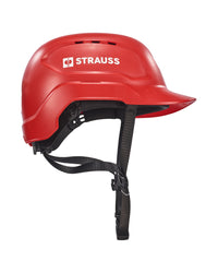 A Baseball Style Hard Hat by STRAUSS is displayed against a white background. The red helmet features a visor and an extended neck shell for enhanced impact protection. “STRAUSS” is printed in white letters alongside a white logo on the side, and the adjustable design ensures a secure fit.