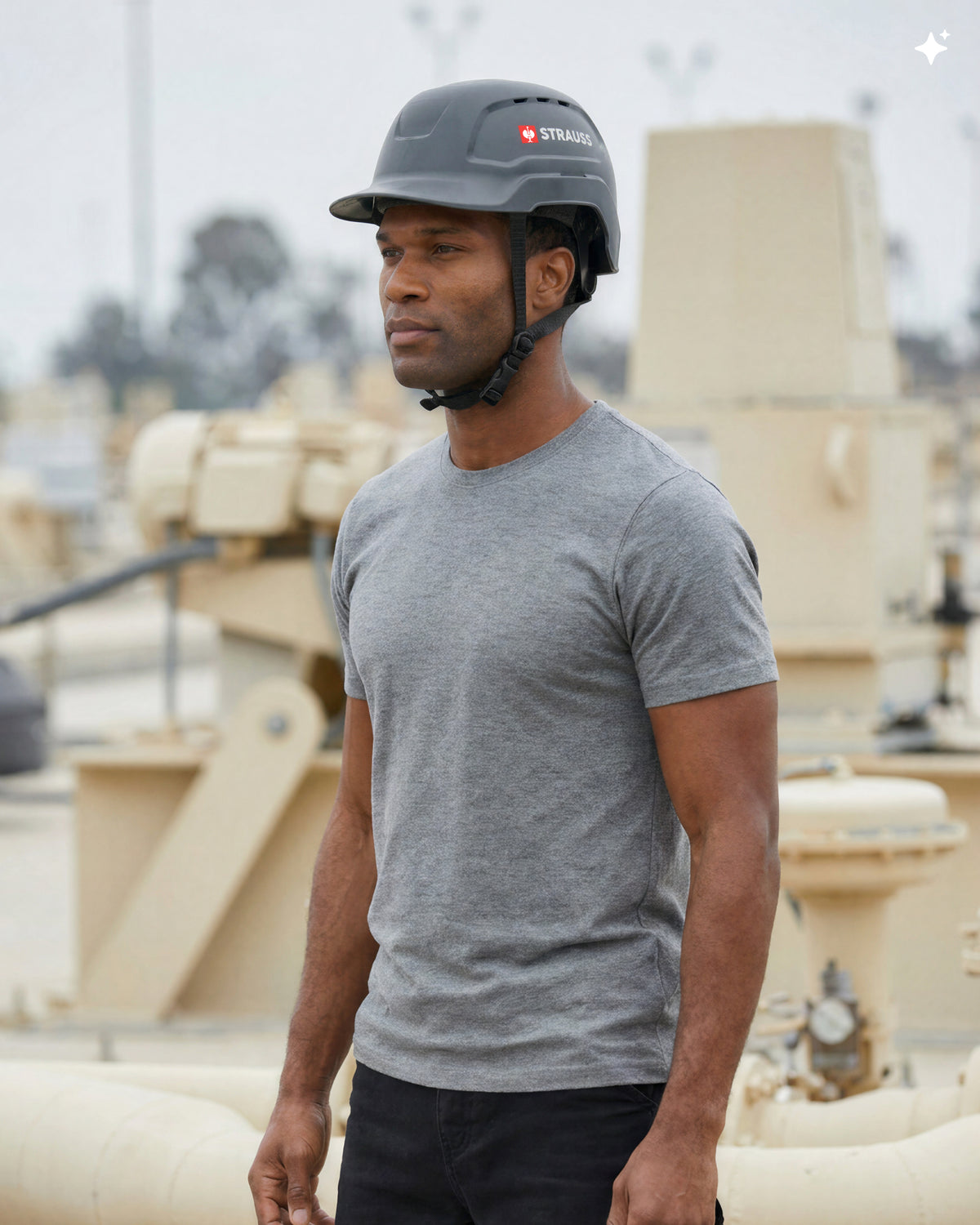 A gray STRAUSS Baseball Style Hard Hat with a visor on a model as seen from the front 3/4 angle. 
