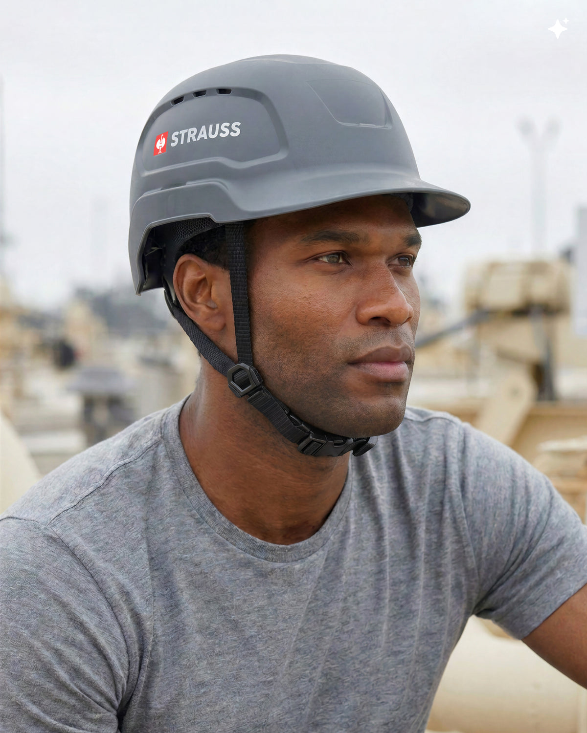 A gray STRAUSS Baseball Style Hard Hat with a visor on a model as seen from the side. 