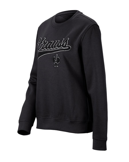 Women's STRAUSS e.s.e:pic artwork crew neck sweatshirt in black, front view